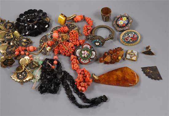 Mixed jewellery including micro mosaic, amber and shakudo style.